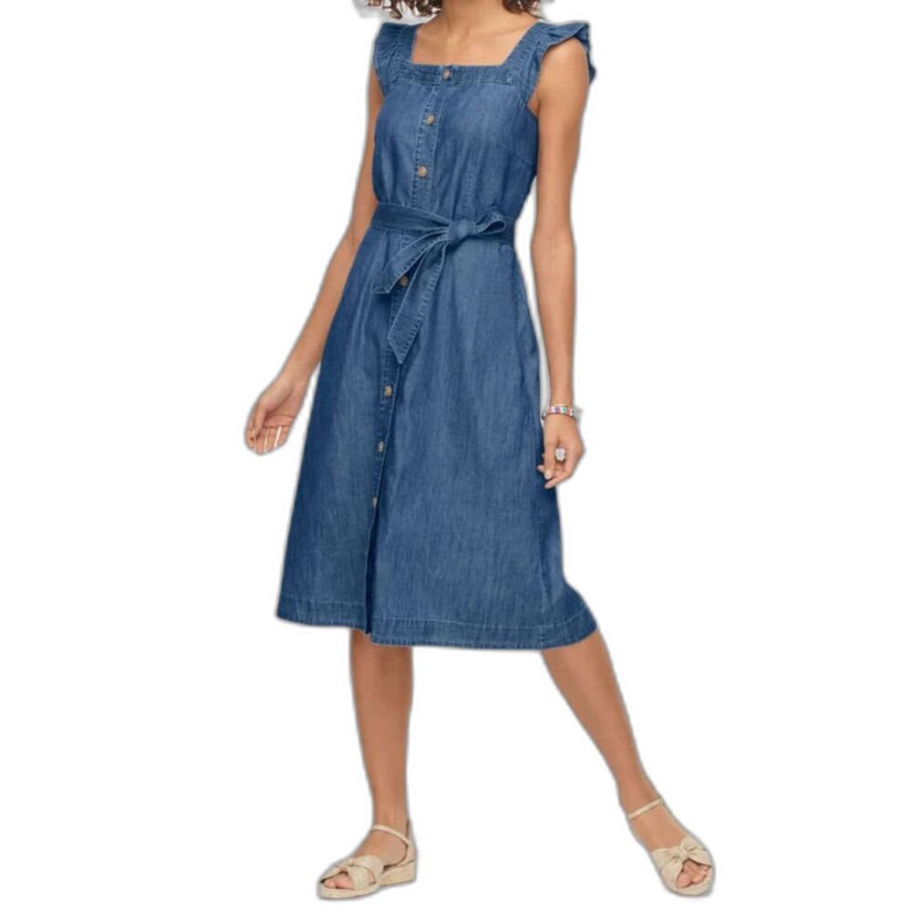 Talbots Women's 10 Striated Blue Denim Dress Ruffle Shoulder Strap Cottagecore